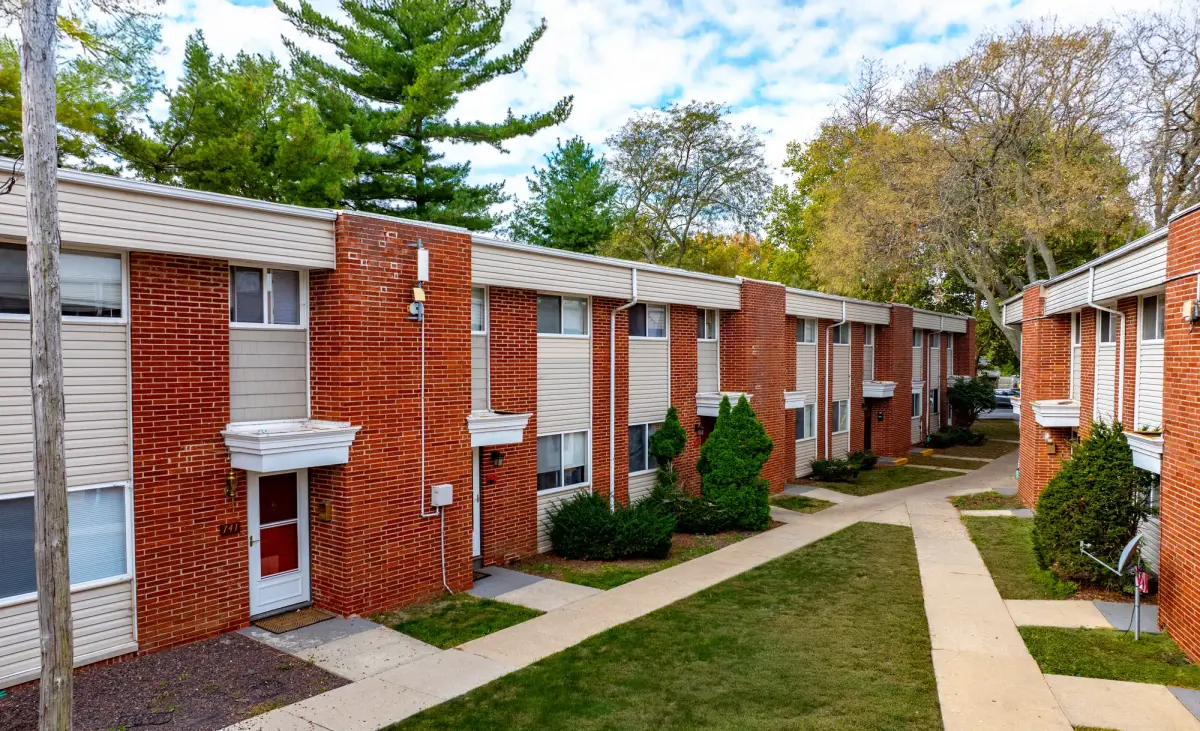 Walkway along a row of townhome front entries