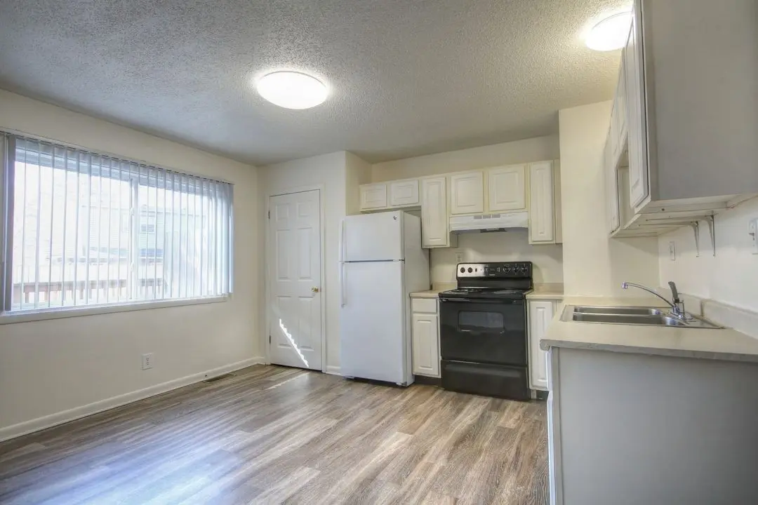 Eat-in kitchen with plank flooring, white cabinets, and a window over the dining space